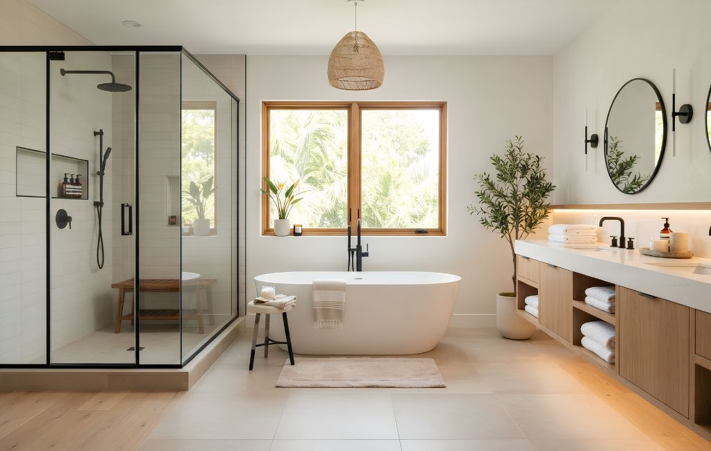 Bathroom Remodeling Lakewood CA – A modern bathroom featuring a freestanding bathtub, a glass-enclosed shower, and a double vanity with wooden cabinets and white countertops, showcasing a stylish and functional home renovation.